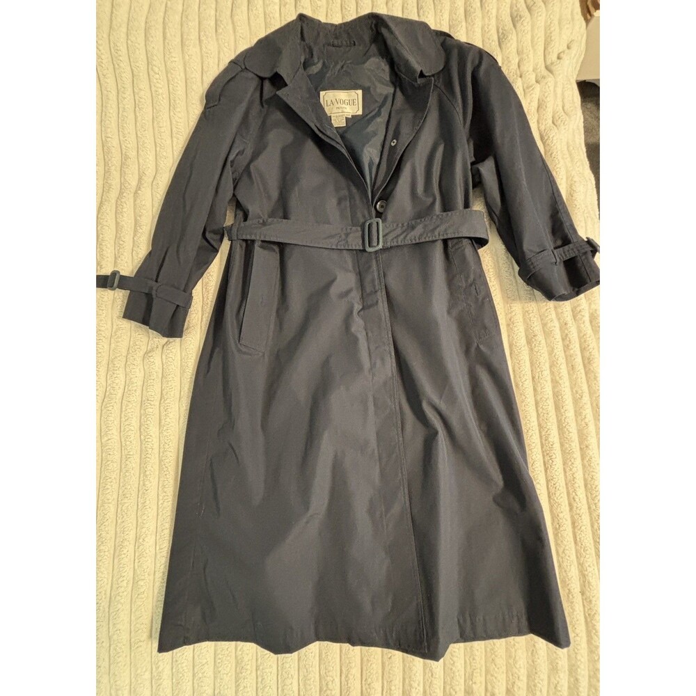 Vintage LA VOGUE belted button up Trench Coat Women's 12p navy blue classic fall